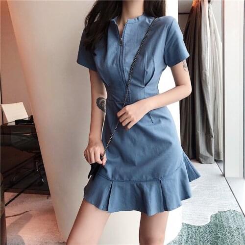 Sanishroly 2019 Women Summer Dress Casual Ruffles Short Sleeve Dresses Female Zippers Mini Dress High Waist Short Vestidos SE483