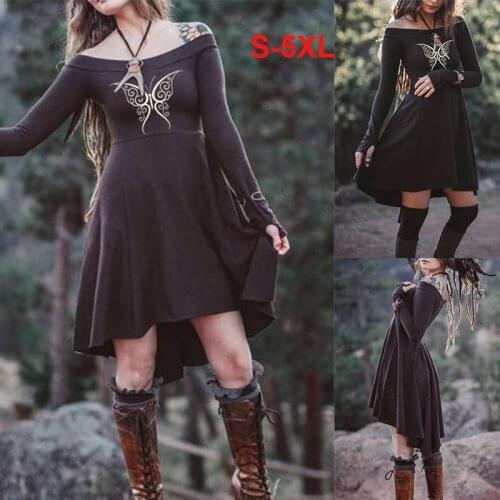 Halloween Vintage Gothic Punk Slim Printed Dress Adult Women Cosplay Forest Elven Elf Costume Off Shoulder Party Dress Plus Size