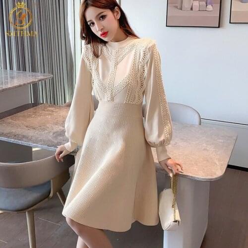 SMTHMA New Autumn And Winter Slim Waist Lantern Long Sleeve Dresses Womens Lace Patchwork Knitted Dress Vestidos
