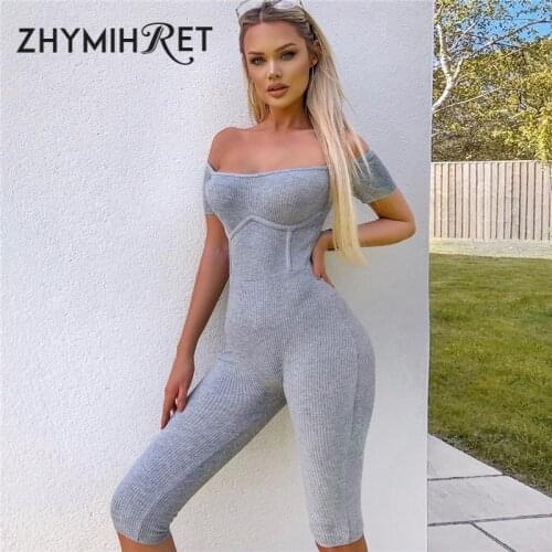 ZHYMIHRET 2020 Summer Slash Neck Ribbed Playsuit Women Short Sleeve Rompers Biker Shorts Streetwear