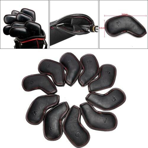 Golf Iron Head Covers 10PCS (3~9,P ,A ,S ) Black Simple Style Waterproof PU Leather Golf Club Headcovers Protection