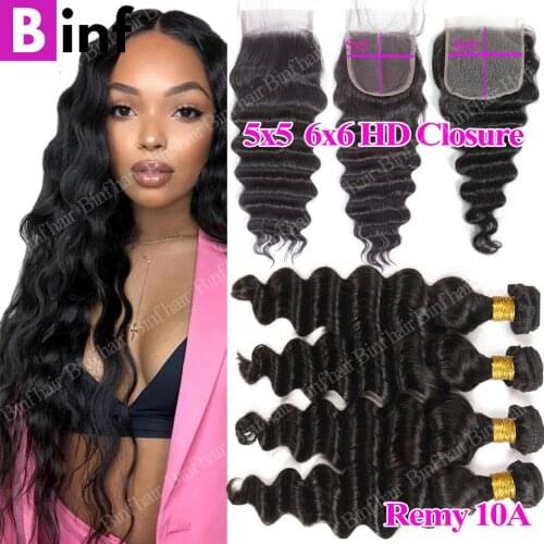 16 20 30 40 Loose Deep Wave Bundles With 5X5 6x6 HD Closure Human Hair Bundles With Closure Malaysian Remy Hair Extensions