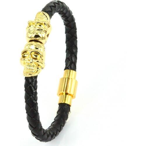 2017 Fashion Punk Rock Jewelry Skull Genuine Leather Man Bracelets for Women Gold Color Twin Skull Men Bangles Bijoux Homme