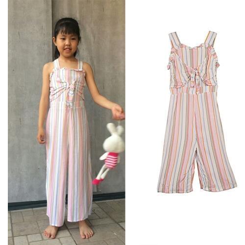 2019 New Little and Big Girls 4t-16t Summer Vertical-Strip/Floral Jumpsuits Viscose Baldric-Adjustable Kids Rompers For Girls
