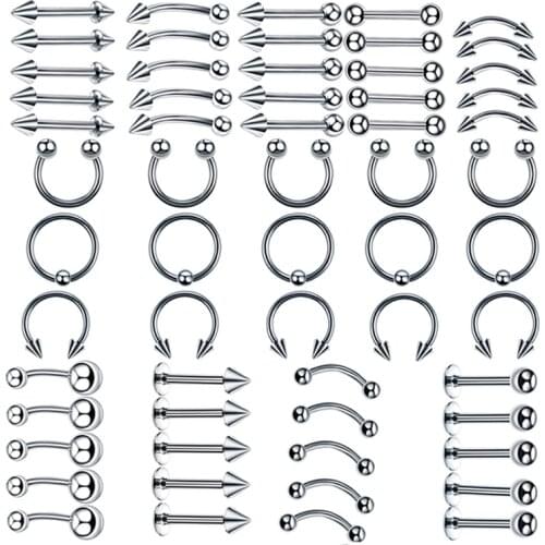 8/60Pcs Body Jewelry Mixed Styles Stainless Steel Eyebrow Navel Belly Lip Tongue Nose Piercing Bar Ring Labret Barbell Tunnel