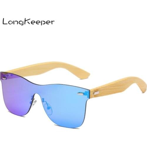LongKeeper Wood Bamboo Sunglasses For Men Women Brand Design Mirror Square Sun Glasses Wooden Arms Eyewear UV400 Shades gafas