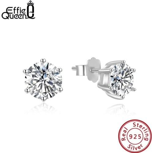 EFFIE QUEEN Real 925 Sterling Silver Solitaire Stud Earrings Round Shiny Piercing Diamond Cut Engagement Wedding Jewelry SE335