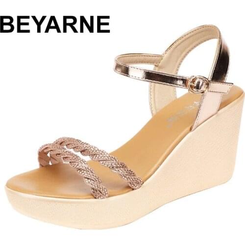 BEYARNE Gold High Heel Wedge Sandals Women Summer New Platform Open Toe Women Shoes Summer