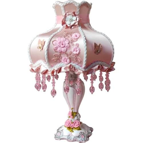 European pink fabric table lamps bedroom wedding room bedside lamp study princess luxury lace resin table lights gift lighting