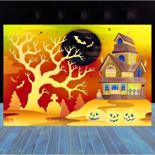 Halloween Photo Photography Background Pumpkin Lantern Tree Grave Bat Backdrop Big Moon Haunted House Party Banners Decoration