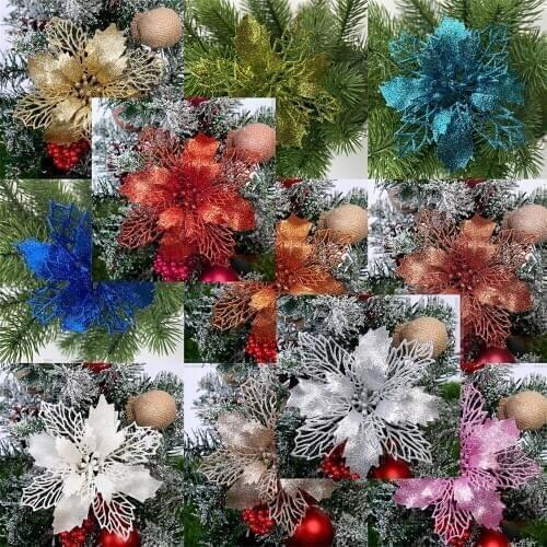 5PCS Artificial Christmas Flowers Glitter Fake Flowers Merry Christmas Tree Decorations For Home 2020 Gift Xmas Ornament
