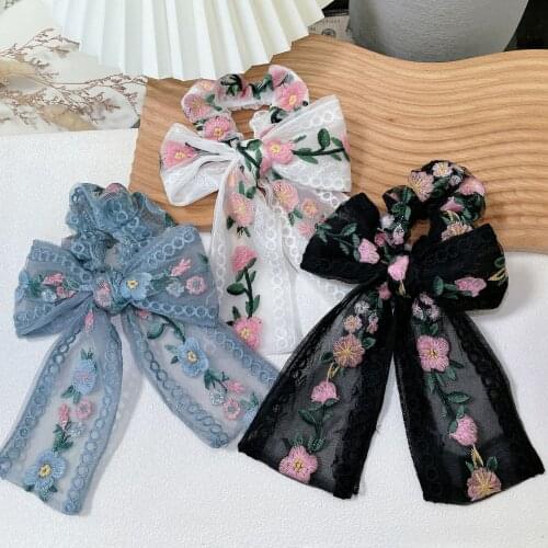 Korean Scrunchies Retro Large Bow Embroidered Flower Hair Ties Female Hair Bands Girls Hair Accessories National Wedding Party