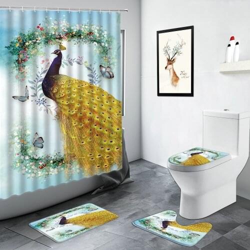 Yellow Feather Peacocks Shower Curtain Butterfly Flowers Plant European style Decor Rugs Anti-slip Mat Toilet Mats Bathroom Sets