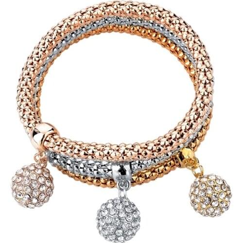 Fashion Jewellery 3Pcs Gold Bracelets For Women Vintage Crystal Ball Pendant Charm Bangles Silver Elastic Chain SBR150181