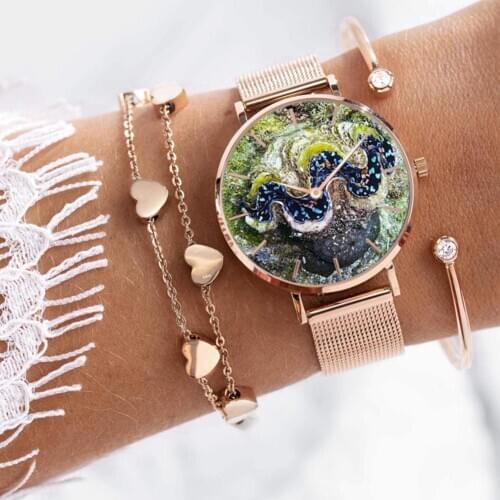 Fashion Coralline Shell Stainless Steel Mesh Band Women Casual Quartz Watch Gift