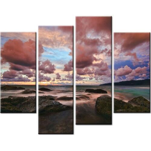 4 Piece Brick Red Cloud Black Stone in Ocean Seascape Modular Pictures Prints Canvas Printed Pictures for Home Decor Frameless