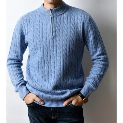 100%cashmere half high zipper collar knit men smart casual thick H-straight pullover sweater black 3color S-2XL