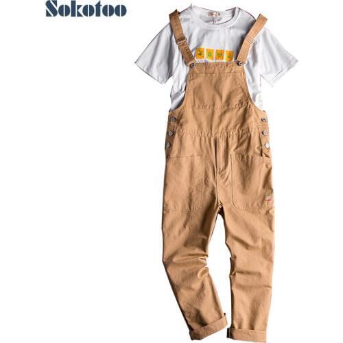 Mens loose big pockets cargo bib overalls Casual coveralls Suspenders jumpsuits Khaki Army green pants