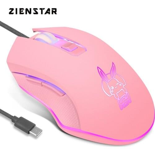 Zienstar Wired Type- C Port Mouse Black Pink Mice Adjustable DPI Ergonomic Design Compatible With Android Windows IOS