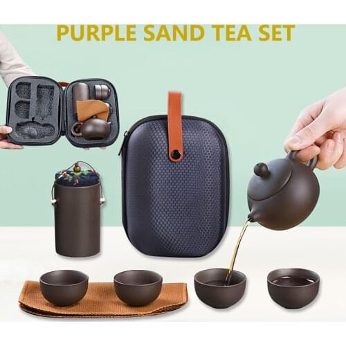 Purple Sand Tea Cups Ceramic Portable Teapot Set Outdoor Travel Gaiwan Tea Cups Of Tea Ceremony Teacup Fine Gift Kung Fu Tea Set