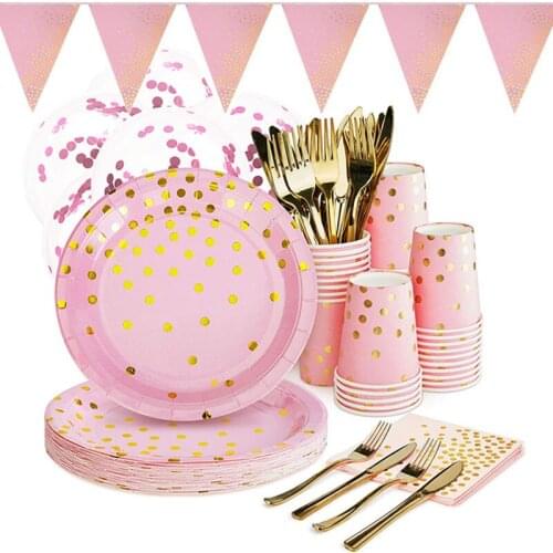 Pink Gold Party Disposable Tableware Set Paper Plates Cup Straws Napkin Balloon Garland Baby 1st Birthday Baby Shower Girl Decor