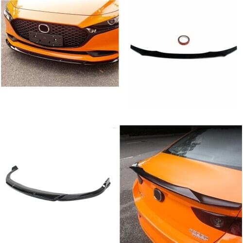 Front Bumper Lower Lip Guard Plate Chin Cover & Rear Trunk Spoiler Wing Glossy Black For Mazda 3 Axela 2019-2020 Mazda3 Kit