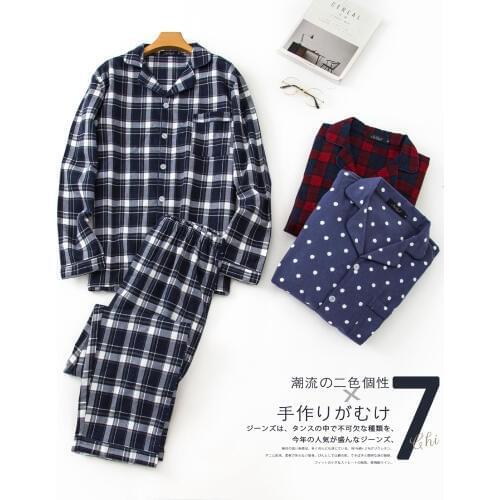 New Cotton Pajamas-Sets Men Autumn Long-sleeved Trousers Pijama Suits Blue Plaid Sleepwear Winter Soft Velvet Clothing