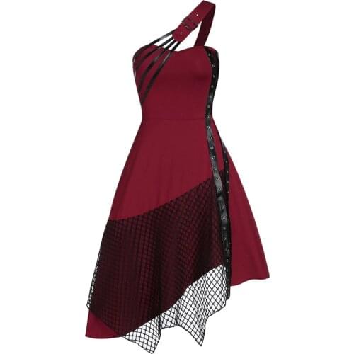 Dress One Shoulder Gothic Dresses Vintage Solid Color Irregular Stitching Dress Above Knee A-line Empire Irregular Sukienka