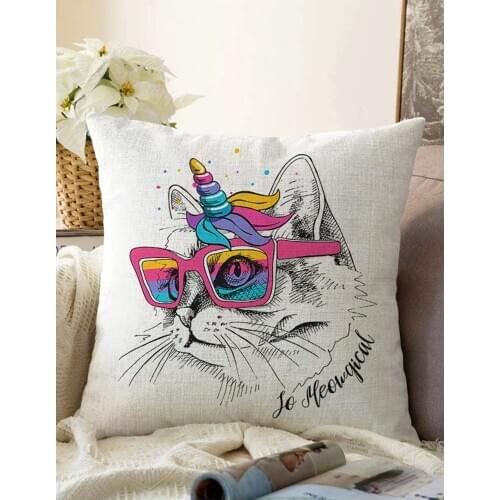 Renkli Gözlüklü Siyah Beyaz Kedi Dijital Baskılı Modern Çift Taraflı Şönil Yastık Kırlent Kılıfı Sonil