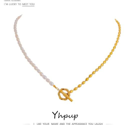 Yhpup Luxury Natural Pearl Collar Necklace Stainless Steel Chain Jewelry High Quality 18 K Metal Gold Necklace Bridesmaid gift