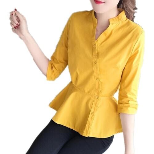 Shirt Womens Autumn Wear 2020 New Han Fan Loose Autumn White Fashion Temperament Mid-sleeve Top street Thin yellow Blouse