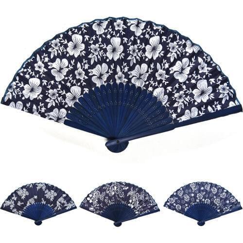 Blue Fabric Hand Fan Cool Summer Classical Flower Design Chinese Style With Dyed Blue Bamboo Frame Wedding Party Favor Decor