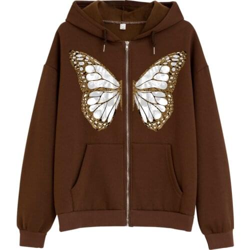 Zip Up Hoodie Oversize Jacket Ladies Y2k Long Sleeve Butterfly Print Top Kawaii Sweatshirt Harajuku Hoodie Cotton Warm Top