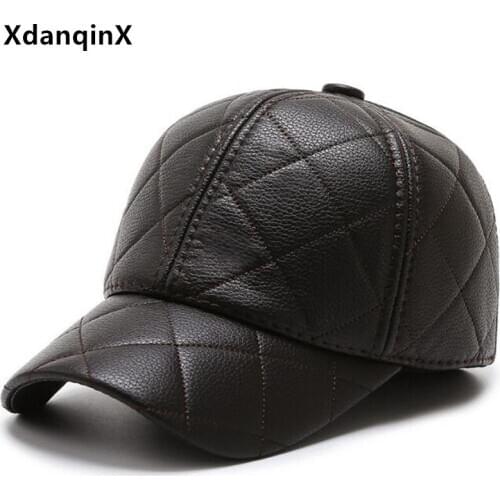 XdanqinX Winter Mens PU Leather Hat Warm Baseball Caps Snapback Cap Warm Ear Protection Earmuff Hats Adjustable Size Sports Cap