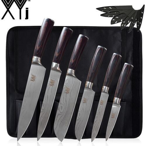 XYj Master Kitchen Knife High Quality 7Cr17 Stainless Steel Kitchen Knives Set Laser Damascus Pattern Color Wood Handle Cleaver