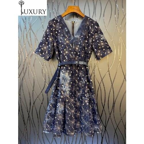 Autumn Fashion Denim 2020 High Quality Women V-Neck Color Block Floral Print Belt Patchwork Short Sleeve Blue Jeans Dress