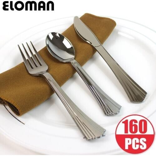 ELOMAN 160PCS wedding heavyweight disposable plastic tableware party high quality plastic tableware 80-forks,40-spoons,40-knives