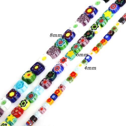 4/6/8mm Approx 48-95pcs Mixed Flat Square Shape Millefiori Flower Lampwork Glass Beads For Jewelry Making Necklace Bracelet DIY