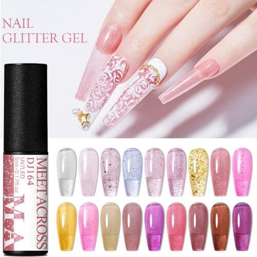MEET ACROSS 5ML Opal Jelly Gel Polish Glitter Pink Jelly Soak Off UV Gel Base Coat No Wipe Top Coat Cat Magnet Nail Art Varnish