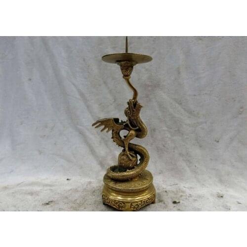 8" China brass copper carved finely lucky dragon candelabrum Sculpture Statue
