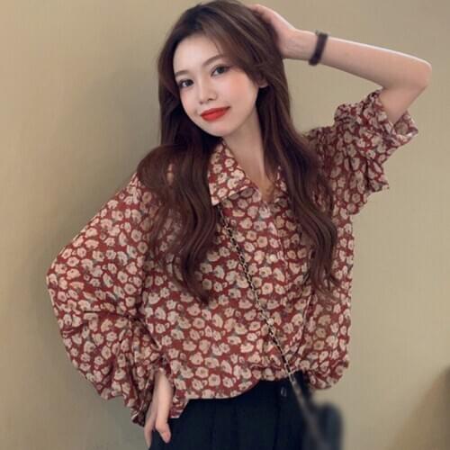 Women Autumn Spring Blouses Floral Long Sleeve French Style Chiffon Ladies Shirt Tops