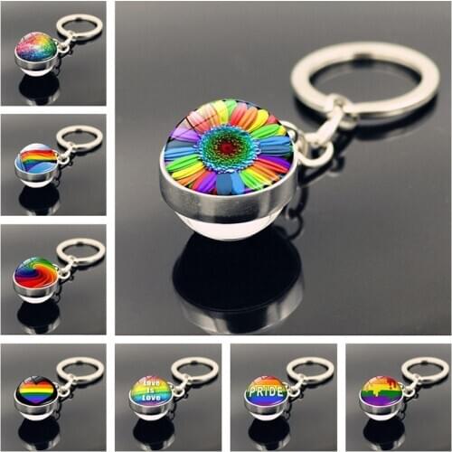 Gay pride Keychain Jewelry with Silver Color Glass Cabochon Rainbow Pattern Glass Ball Double Side Car Keychain Ring Gift