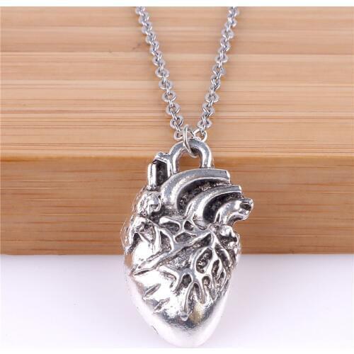 Antique Silver Human Heart Organ One Side Vivid Pendant Necklace Alloy Chain Punk Party Women Men Necklace Jewelry Gift 22778