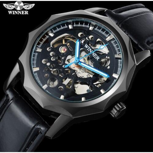 WINNER men fashion sport mechanical watches leather strap casual brand mens automatic skeleton black case watches reloj hombre