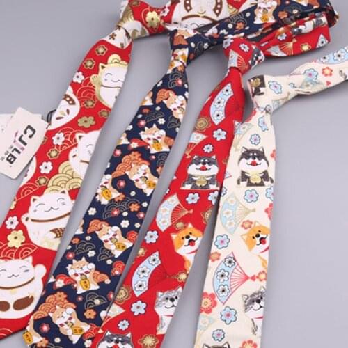Lucky Cat Necktie For Men Women Retro Bronzing Wedding Mens Neck Ties Casual Tie Cartoon Cotton Adult Cravat Neckties Narrow 7cm