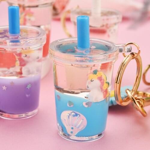 Hot Sale Glitter Quicksand Keychain Floating Liquid Unicorn Keyring Bag Charm Milk Tea Cup Pendant Keyfob Women Key Chain Gift