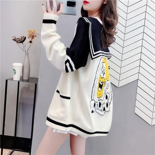 High Quality Original Design Womens Winter Thick Knit Cardigan Womens New Preppy Crew Collar Sweater Coat Loose White Black