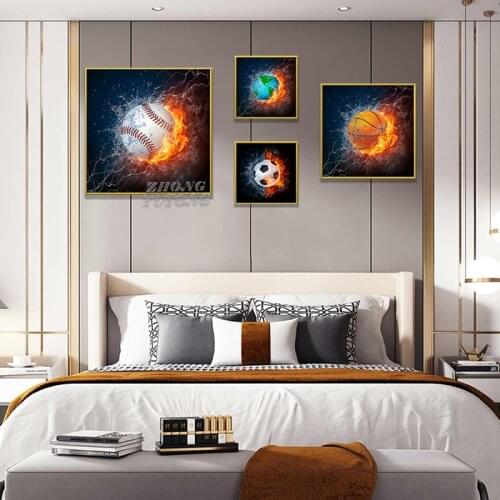 Basketball Soccer Ball Fire and Water Canvas Painting Nordic Cuadros Posters Prints Wall Art Pictures for Living Room Decor