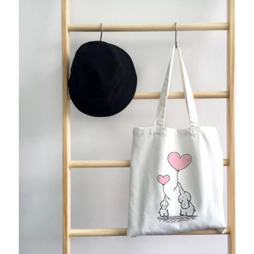 Kawaii Cute Elephant Balloon Print College Canvas Shoulder Bag Fashion Cartoon Print Large Capacity White Totes Print Bags