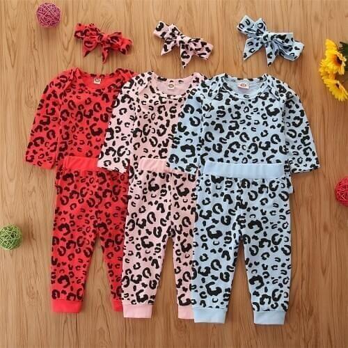Newborn Baby Girls 3 Piece Set Leopard Long Sleeve Top Printing Trousers Bow Headband Autumn Spring Toddler Cotton Suit 3-24M